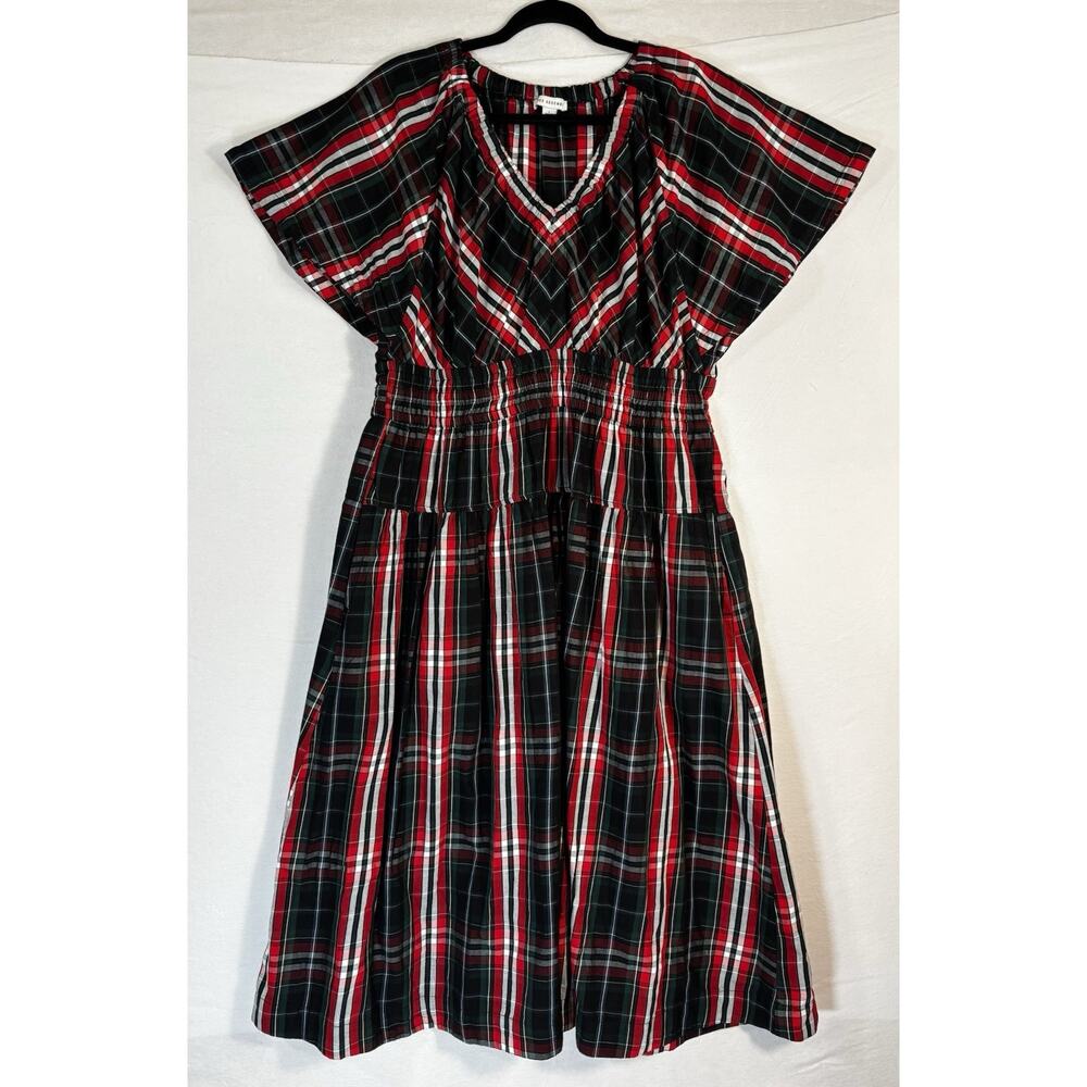100% Cotton Tartan Plaid Midi Dress Womens L 12-14 Cottagecore Pockets